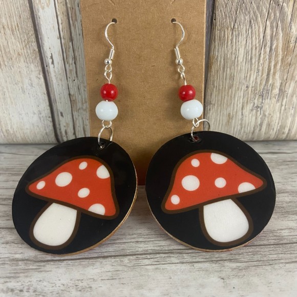 Mushroom Earrings Retro Black Red White Round 2” Dangle Bead French Wire Silver - Picture 5 of 10